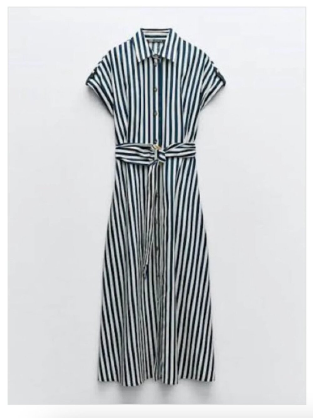 Zara Navy Blue & White Vertical Stripe Button Front Shirt Midi Dress S